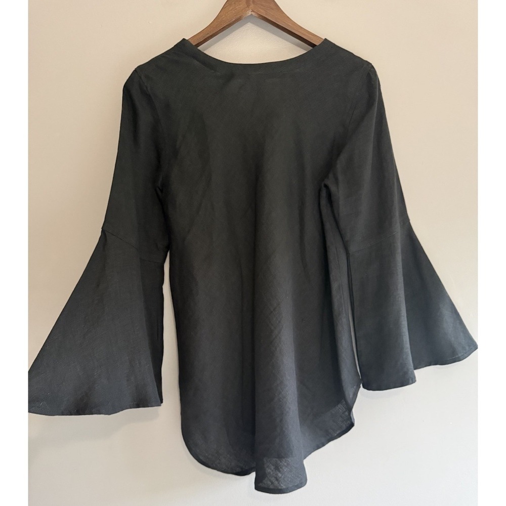 Crown Linen Designs Linen Top Bell Sleeve Black Tunic V Neck Beach Lagenlook M - Picture 3 of 15